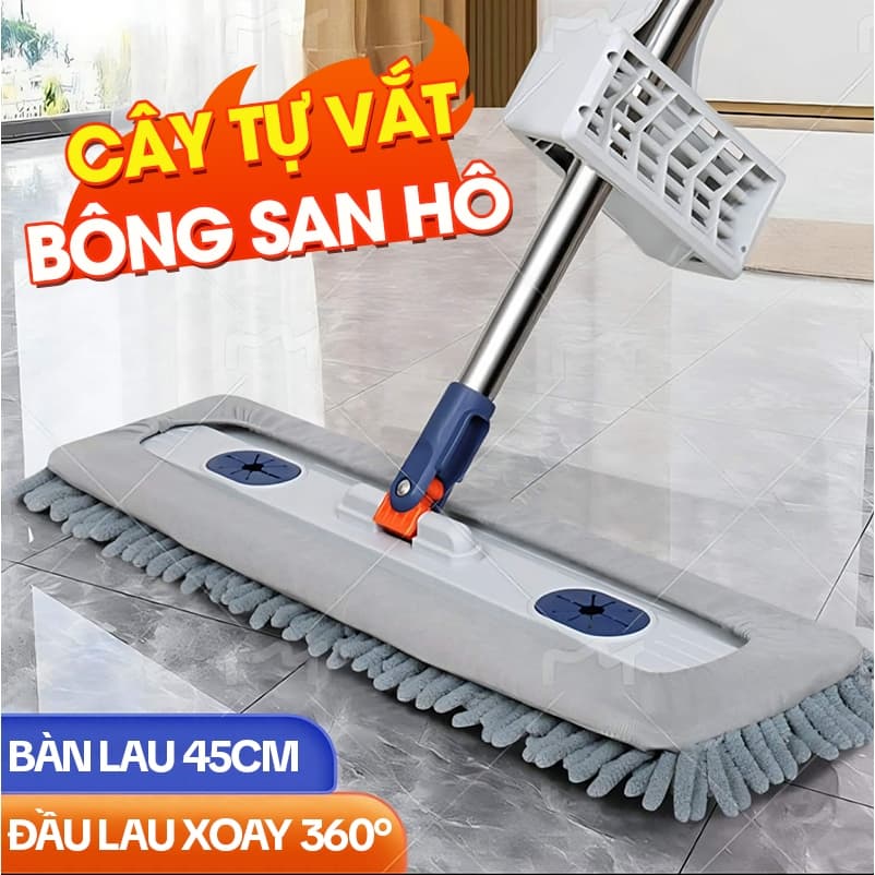 Cây Lau Nhà Tự Vắt KITIMOP CORAL Mã KTMC-01, Chổi Lau Nhà Tự Vắt Thông Minh Xoay 360 Độ, 2 Bông Lau