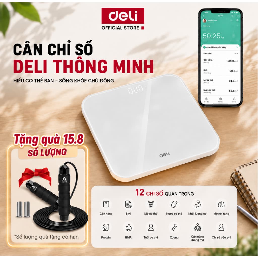 Cân Điện Tử Thông Minh Deli Theo Dõi Phân Tích Chỉ Số Cơ Thể Trọng Lượng Tối Đa 180kg Kết Nối Bluetooth App theo dõi