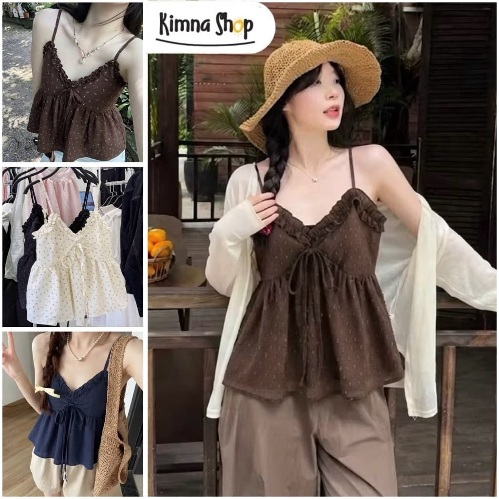 [6 MÀU] Áo 2 Dây Đũi Bèo Nơ Ngực (Dây Điều Chỉnh Độ Dài)