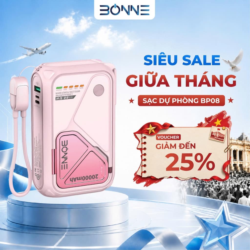 [SẴN HÀNG]Sạc Dự Phòng BP08, Củ Sạc Nhanh BONNE BP08 10.000 mAh 20.000 mAh Hỗ Trợ Sạc Không Dây