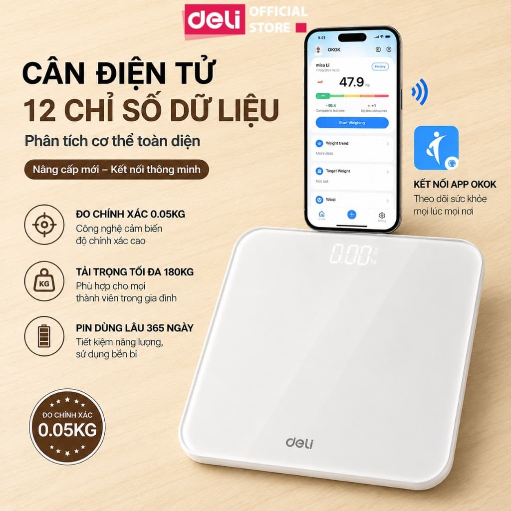 [Tặng dây nhảy] Cân sức khỏe điện tử thông minh Deli có App kết nối Bluetooth theo dõi phân tích 12 chỉ số cơ thể