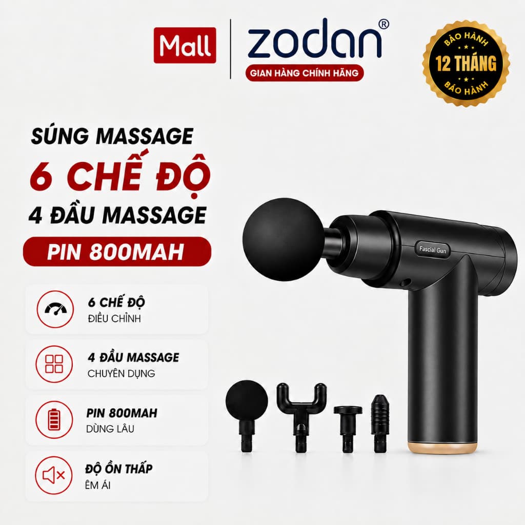 [BH 2NĂM] Máy mát xa cầm tay, súng massage ZODAN ZB360 toàn thân 4 đầu thay thế 6 cấp độ BH 2 NĂM
