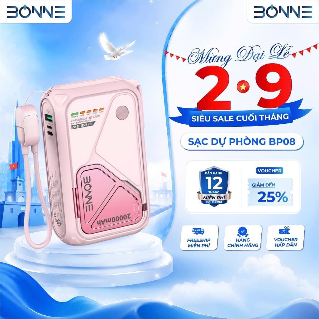 [SẴN HÀNG]Sạc Dự Phòng BP08, Củ Sạc Nhanh BONNE BP08 10.000 mAh 20.000 mAh Hỗ Trợ Sạc Không Dây