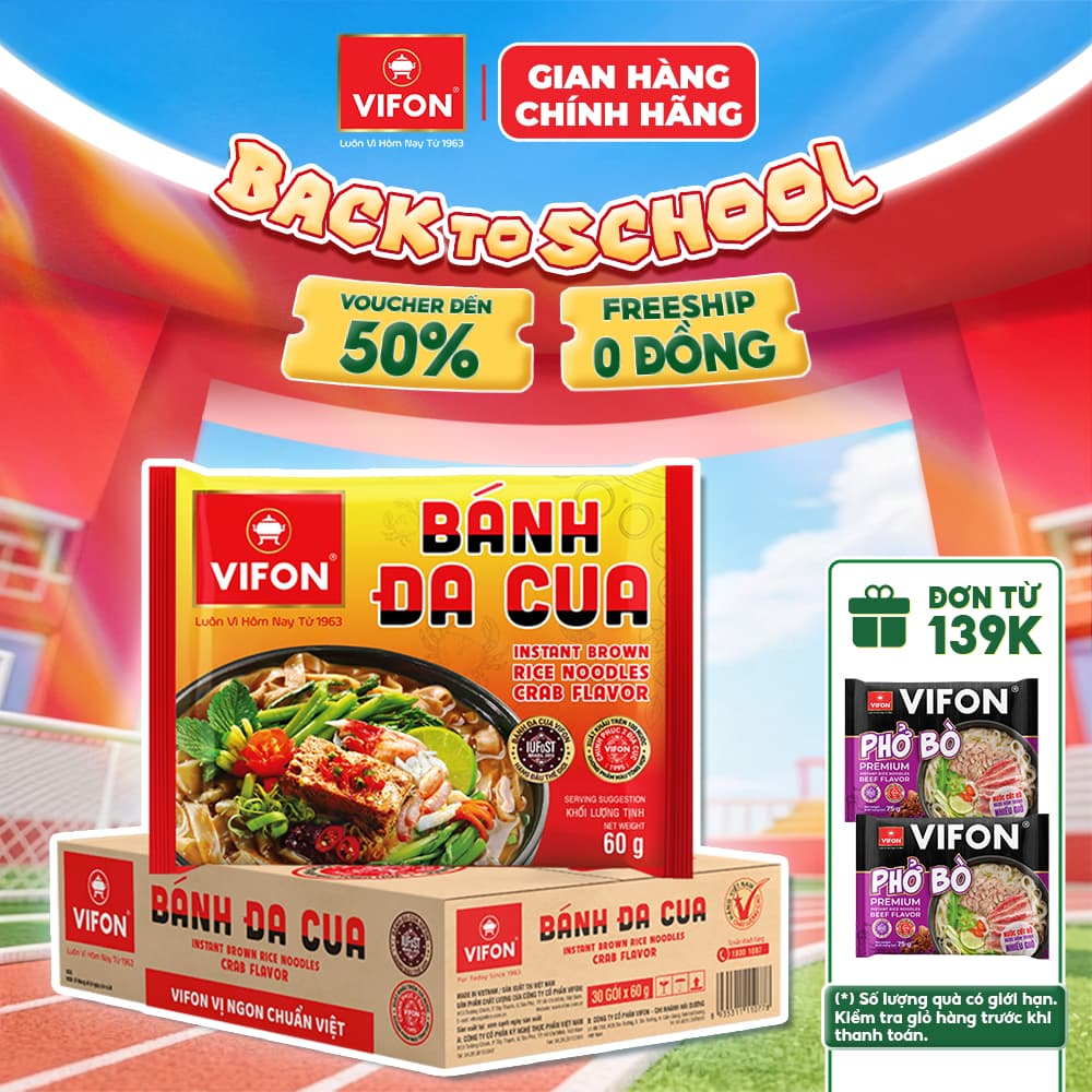 [VOUCHER HOT 10%]Thùng 30 Gói Bánh Đa Cua VIFON 60g Vị Cua Đồng Sợi Dai Đạt Giải Quốc Tế