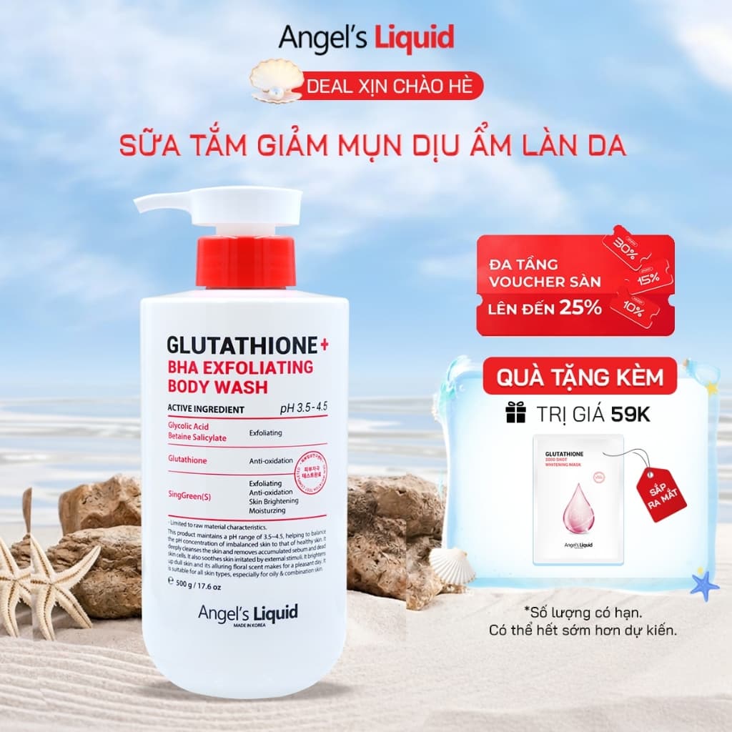 Sữa Tắm Giảm Mụn, Dịu Ẩm Làn Da Angel's Liquid Glutathione + BHA Exfoliating Body Wash