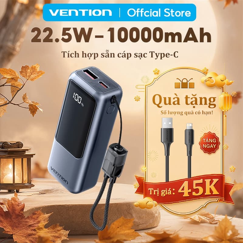 【Hàng mới 2026】Pin Sạc Dự Phòng Mini 22.5W 10000mAh Vention Tích Hợp Dây Type C, Màn LED Hiển Thị, Hỗ Trợ Sạc Nhanh