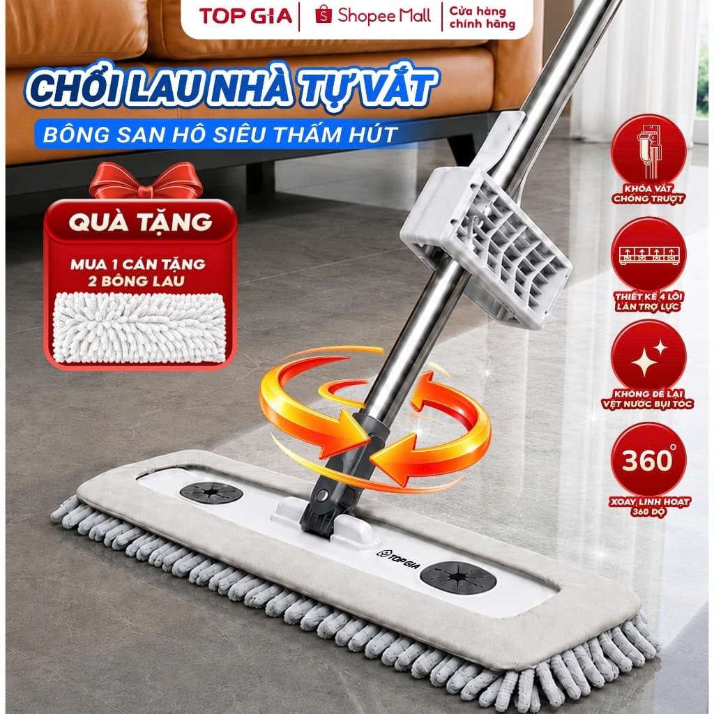 [DEAL MỞ BÁN]Chổi lau nhà san hô TopGia tự vắt siêu thấm hút xoay 360 độ hút sạch bụi bẩn, không để lại vệt nước