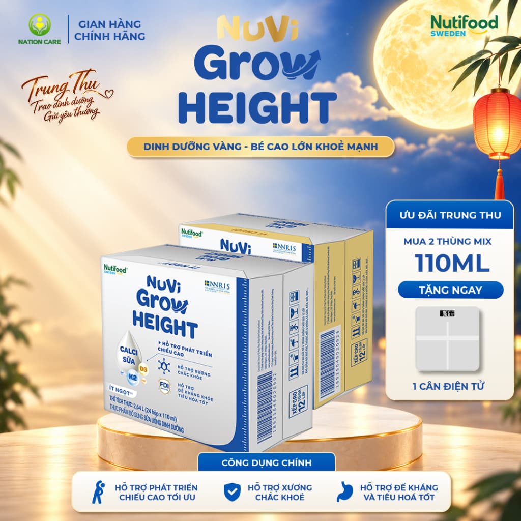 Sữa Nước Nuvi Grow Height (2 Thùng 110ml Ít Ngọt + Chuối Tặng 1 Cân) - Hỗ Trợ Phát Triển Chiều Cao