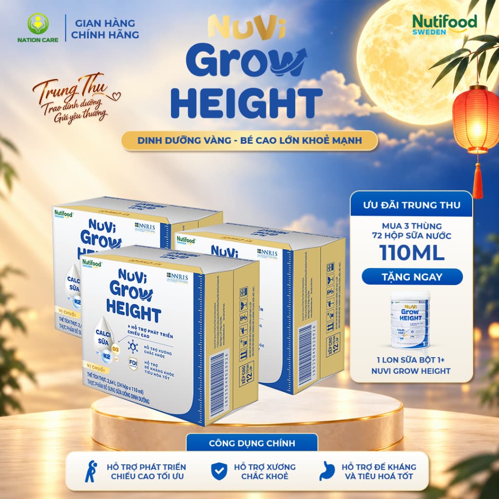 Sữa Nước Nuvi Grow Height ( 3 Thùng 110ml Tặng 1 Lon 1+ 800G ) - Hỗ Trợ Phát Triển Chiều Cao