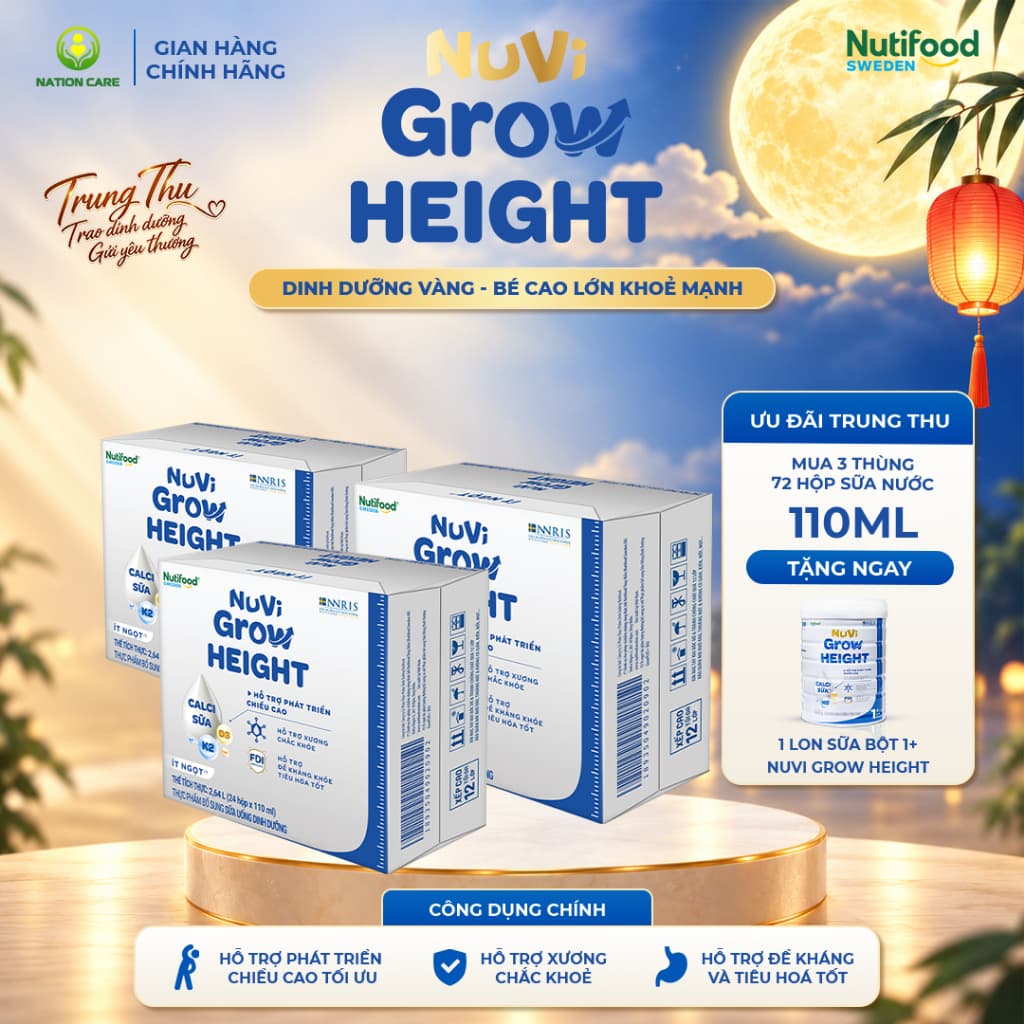 Sữa Nước Nuvi Grow Height ( 3 Thùng 110ml Tặng 1 Lon Sữa Bột 1+) - Hỗ Trợ Phát Triển Chiều Cao