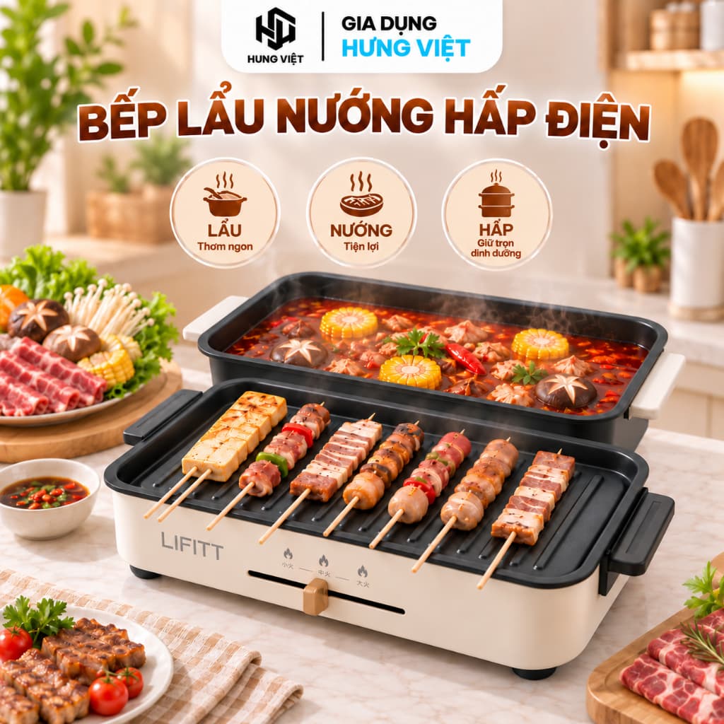 Nồi Lẩu Nướng Lifitt 2 tầng 4L Công Suất Mạnh Cao cấp Tráng Men Chống Dính Bảo hành 12 tháng
