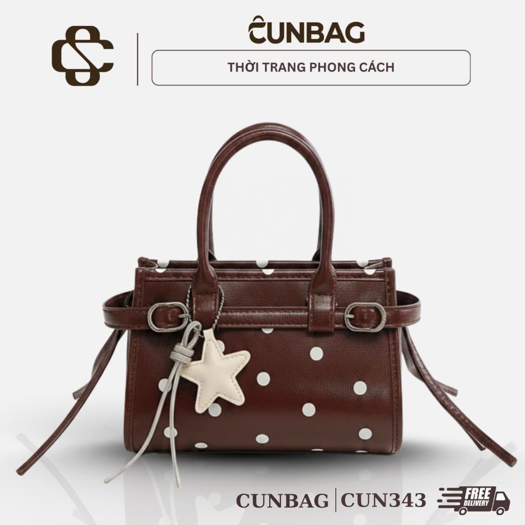 (Tặng Charm Sao) Túi Xách Nữ Cunbag Dáng Boston Phối Chấm Bi Tua Rua Dễ Thương Xinh CUN343