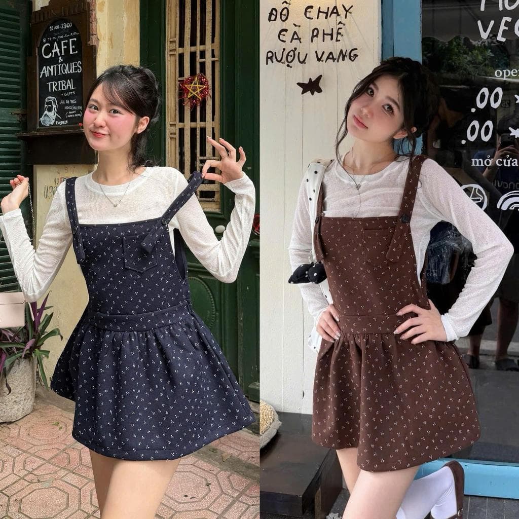 (Kèm áo dài tay thun giấy) [Nhập Mã AFFKET giảm 59K] Set yếm nữ NANCY chấm bi form váy xoè cách điệu HAVANA SAT518