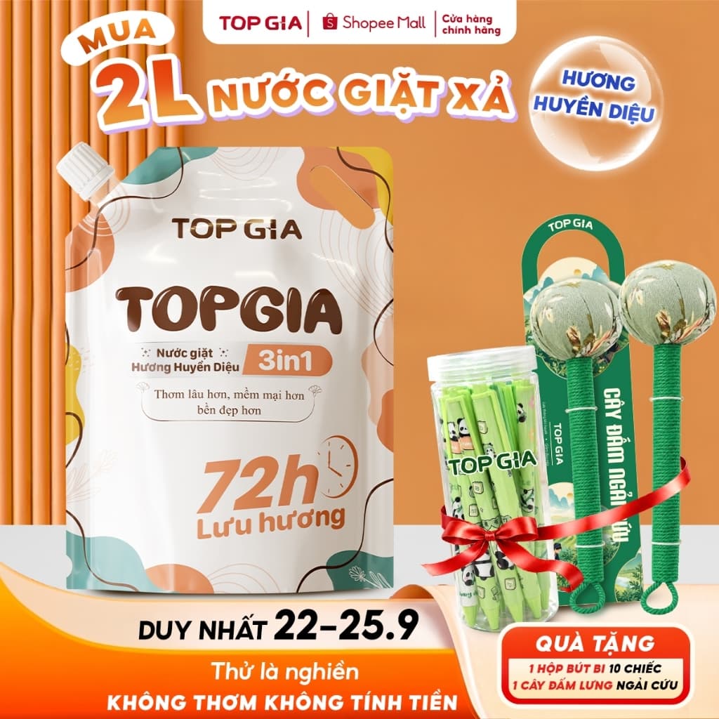 [TẶNG CÂY ĐẤM LƯNG & BỘ BÚT BI] Combo Nước Giặt Xả TopGia Hương Huyền Diệu & Hoa Nắng 3in1 Túi 2L,1L