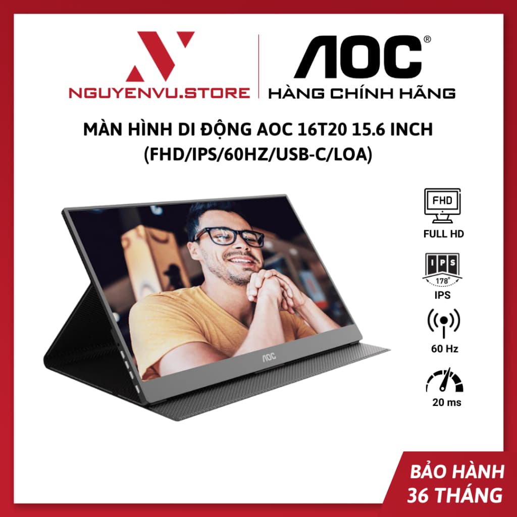 Màn hình di động AOC 16T20 15.6 inch (FHD/IPS/60Hz/USB-C/loa) - Hàng Chính Hãng