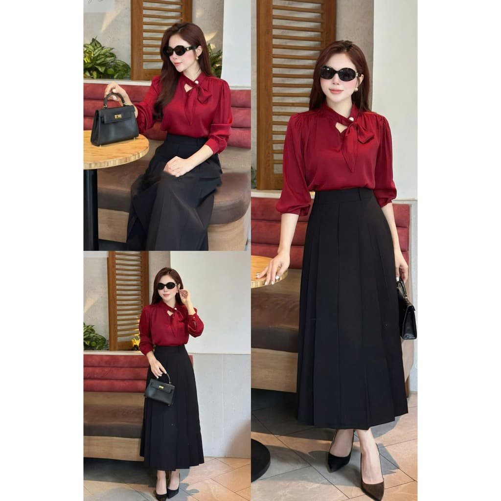 [ Xả Hàng] Áo Sơ Mi Lụa U&M Bigsize Cổ Nơ Đỏ Đô, Áo Kiểu Công Sở Dài Tay Lỡ, Thanh Lịch Dáng Suông Tôn Dáng (A20)