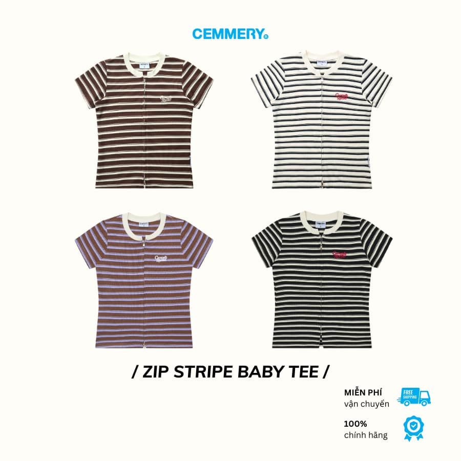 Áo Baby Tee CEMMERY Local Brand Chính Hãng Zip Stripe Sọc Vải Cá Sấu Logo Thêu 4 Màu