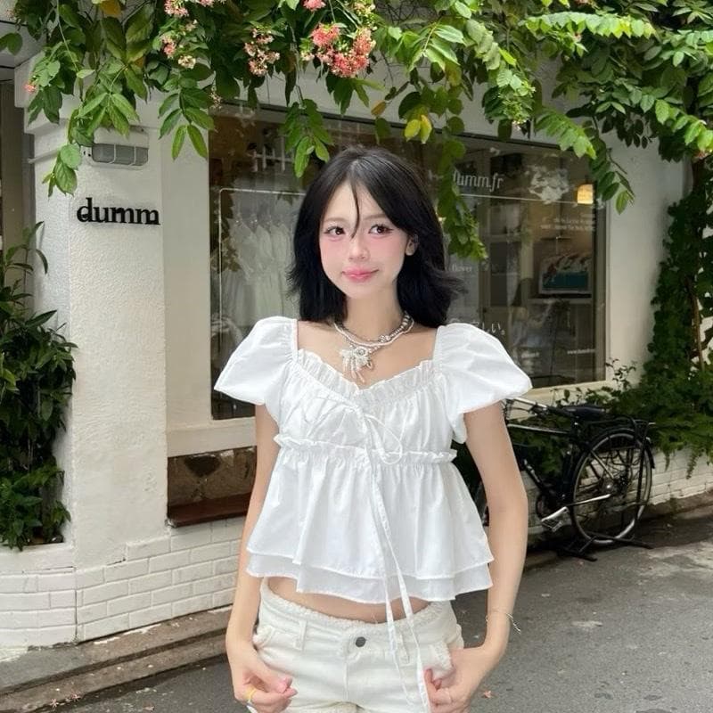 Tiany AT009 Áo Babydoll Tay Phồng Phối Bèo Free Size Màu Trắng Tinh Khôi Chất Cotton Mềm Mại Thoáng Mát Phong Cách Nữ