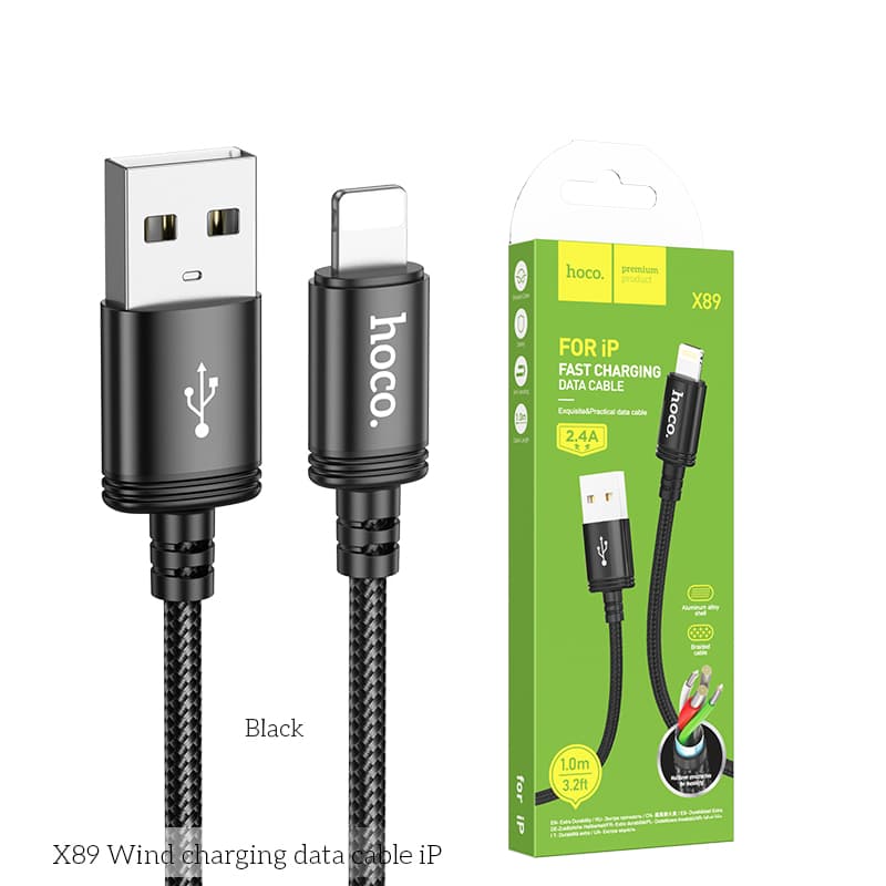 Cáp Sạc Nhanh 1m cho iP Hoco X89 USB to Light 2.4A – Bọc Dù Chống Đứt, Sạc Ổn Định Cho Điện Thoại