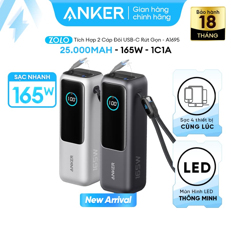 Sạc dự phòng Anker Zolo 25.000mAh | Công suất 165W | Tích hợp 2 cáp USB-C có thể rút gọn | Có màn hình - A1695