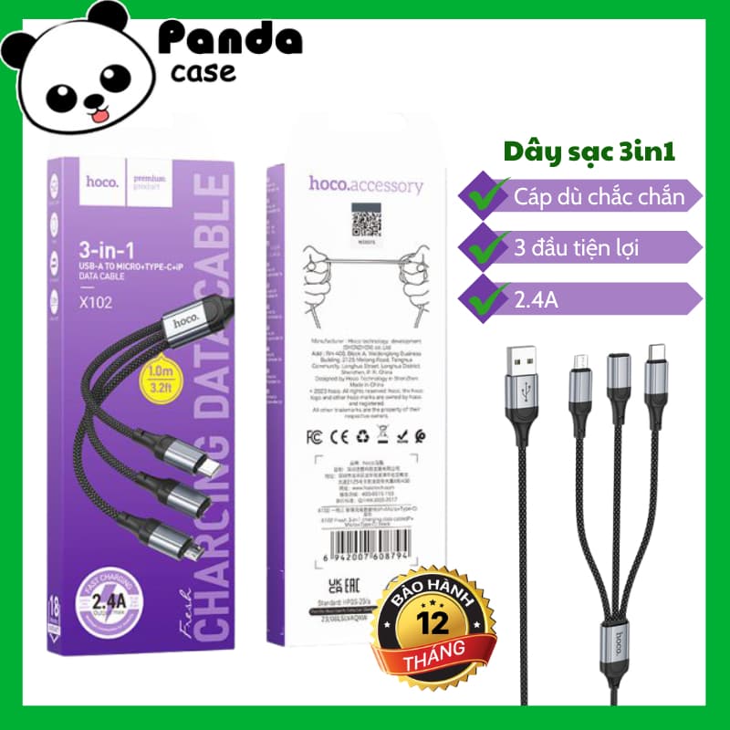 Dây Cáp Sạc Nhanh 3in1 HOCO X102 2,4A Cổng USB kết nối đa năng, dây dù 3 đầu tiện lợi - Panda Case