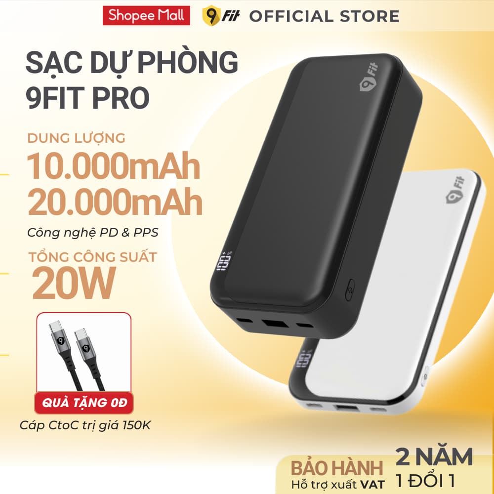 Sạc dự phòng 9Fit Pro 10.000mAh/ 20.000mAh, Sạc nhanh 20W PD/PPS, 3 cổng, Chính hãng, Bảo hành 2 năm