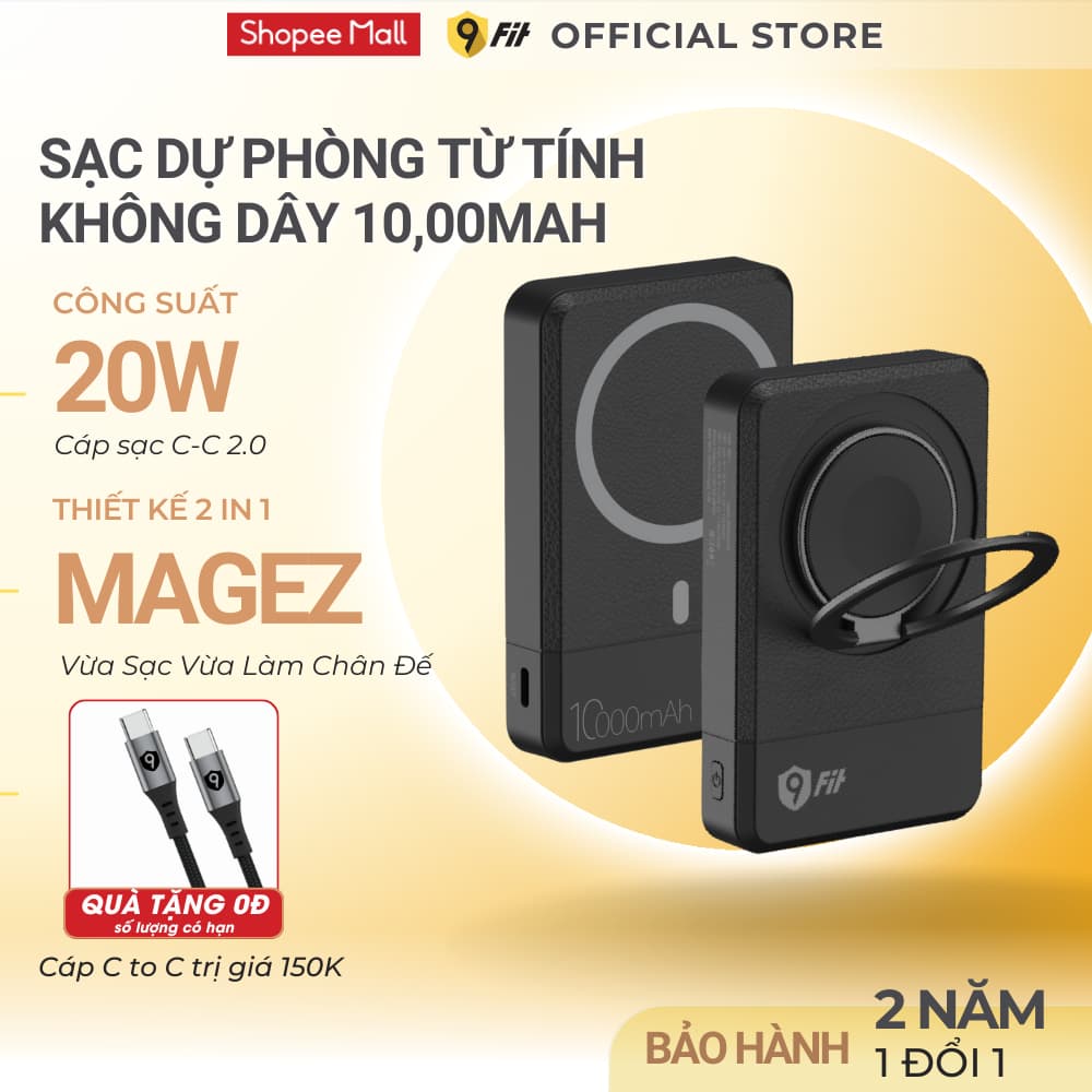 [Tặng cáp C-C] Sạc Dự Phòng 9Fit Mag Pro 10.000mAh, Sạc nhanh PD 20W, Hít từ tính 15W, Chính Hãng, Bảo Hành 2 Năm