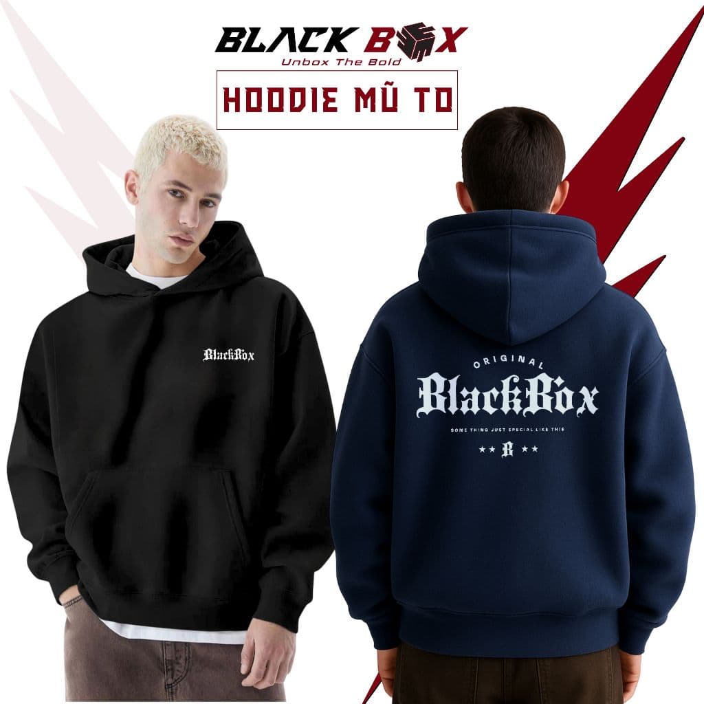 Áo Hoodie BlackBox nỉ bông Black Box local brand form rộng mũ to màu đen, xám tiêu, xanh than unisex