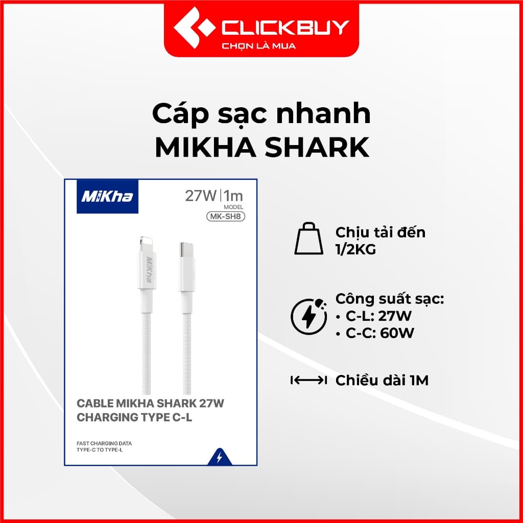 Cáp sạc Mikha, hỗ trợ sạc nhanh C-C 27W, C-C 60W