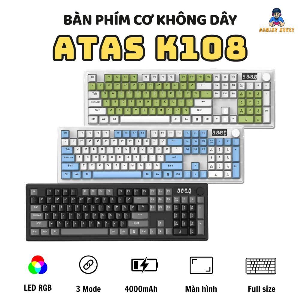 Bàn phím cơ không dây ATAS K108 3 Mode - LED RGB - Có Hot-swap - Pin 4000mah - Màn hình LED