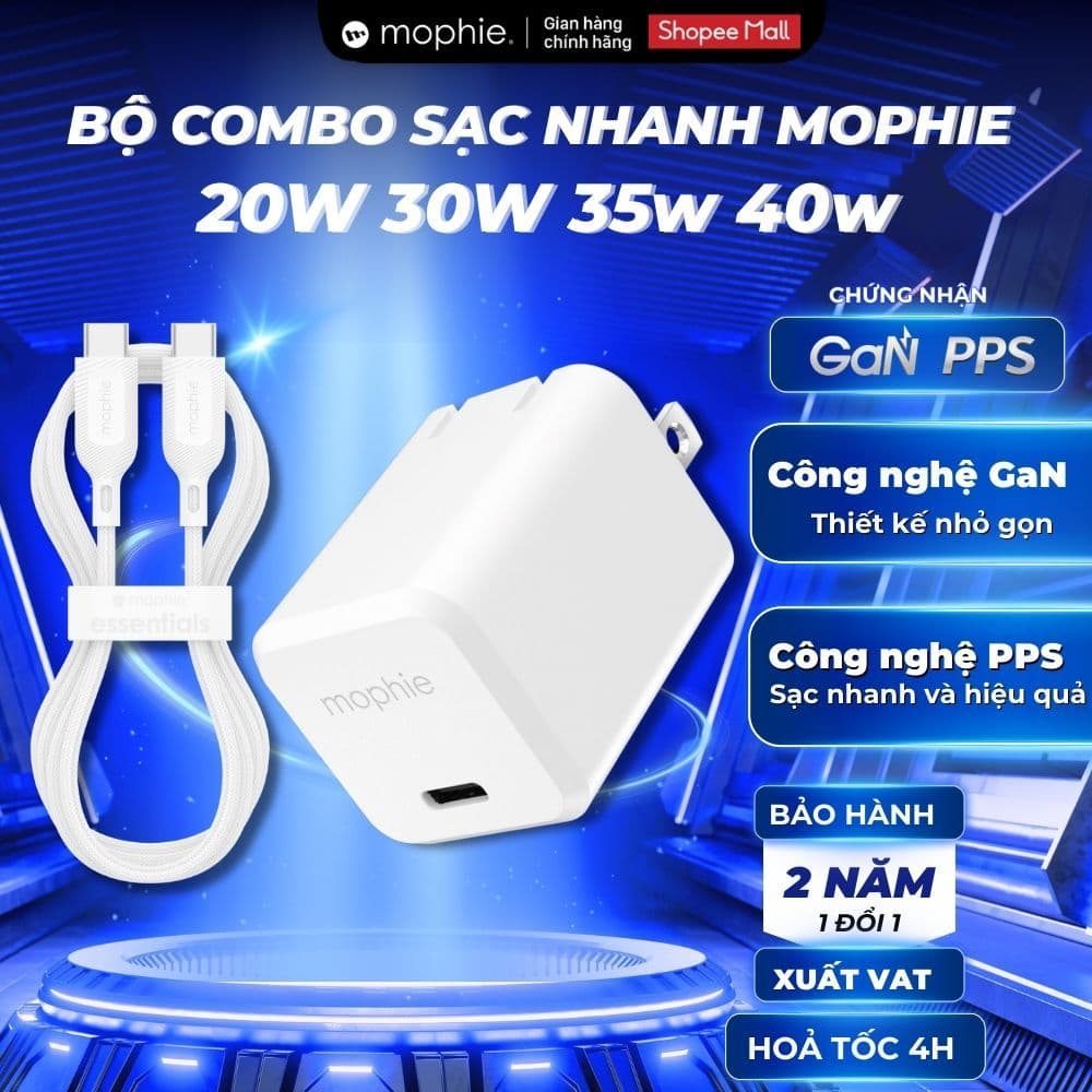 Combo Bộ Sạc Nhanh Mophie PD 20w 30w 35w 40w 45w 70w GaN Cho iP 6-17 Series/ Samsung, Bảo Hành 2 Năm