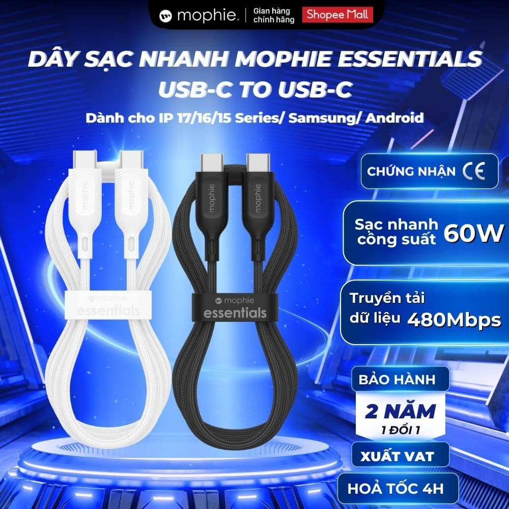 Dây Cáp Sạc Nhanh Mophie Essentials Type C-C và Type C-L 60W Chuẩn MFl dài 1M/2M, Cho iP & Android, Chống gãy, BH 2 năm
