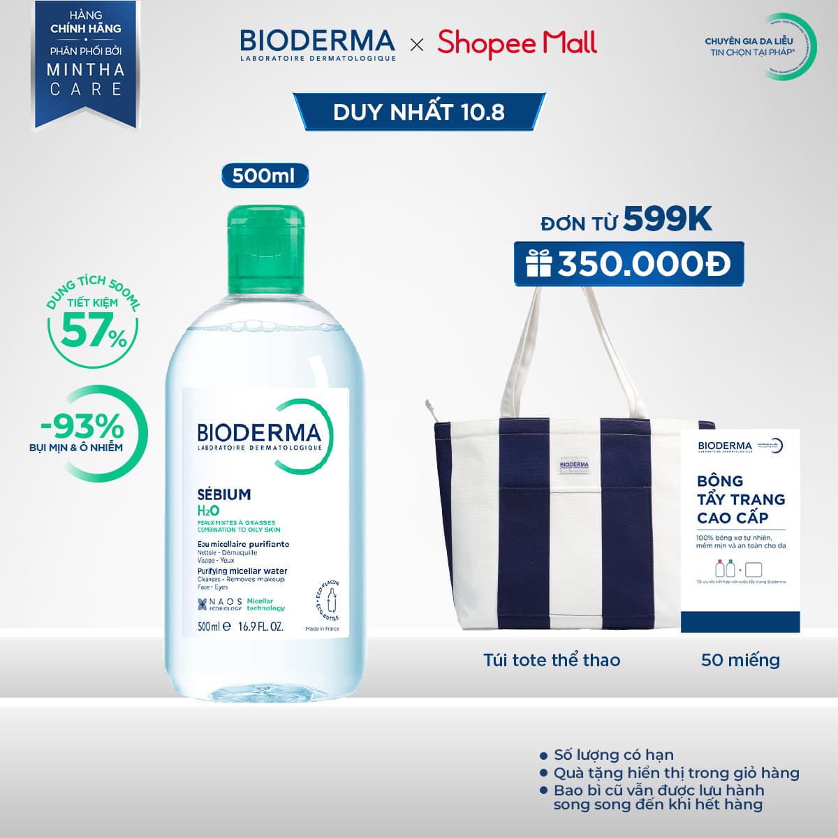 Dung dịch làm sạch và tẩy trang công nghệ Micellar cho da hỗn hợp, da dầu, và da mụn Bioderma Sebium H2O - 500ml