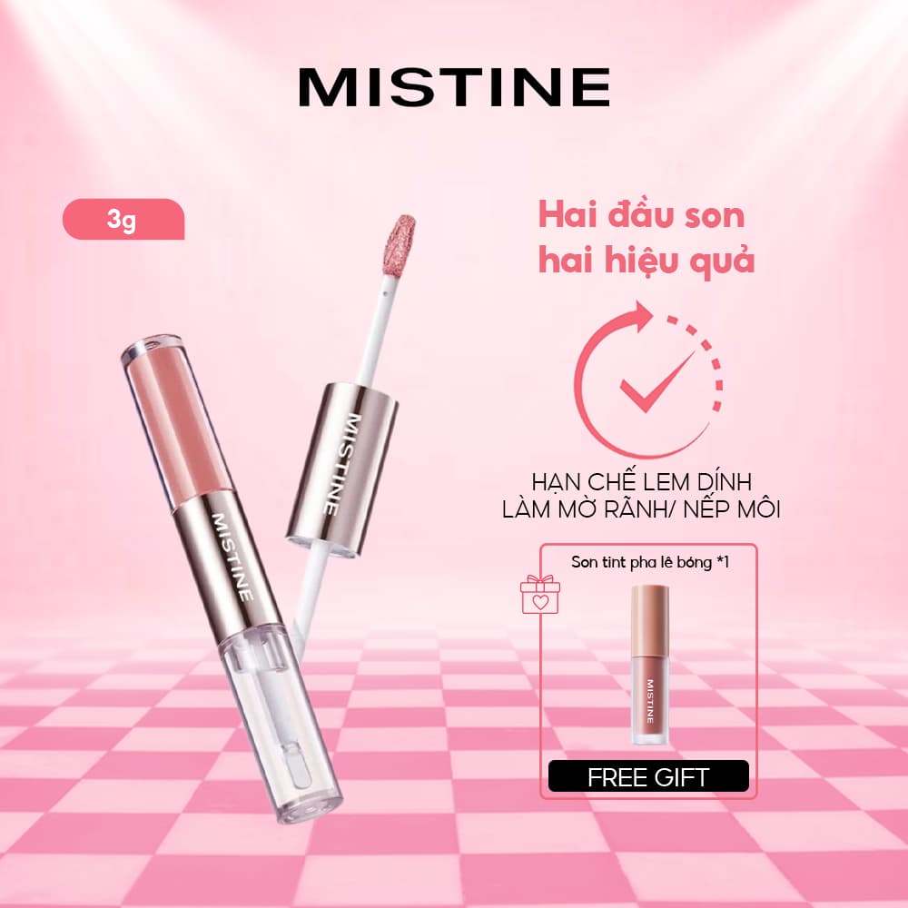 Son Môi Hai Đầu Mistine 3g – Son Tint Kết Hợp Gloss Căng Bóng, Giữ Màu Lâu Trôi, Không Dính Cốc, Làm Sáng Da, Hiệu Ứng Môi Căng Mịn Tự Nhiên