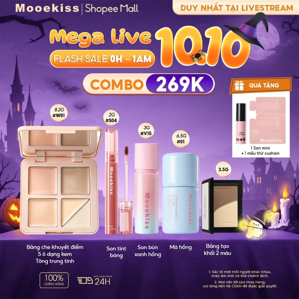 [LIVE COMBO 0H-1AM] Combo Mooekiss Bảng che khuyết điểm đa năng 5 ô 8.2g + Má hồng lỏng 01 + Tạo khối kem hai đầu 01 + Son bùn 3g V15 + Son tint bóng S04