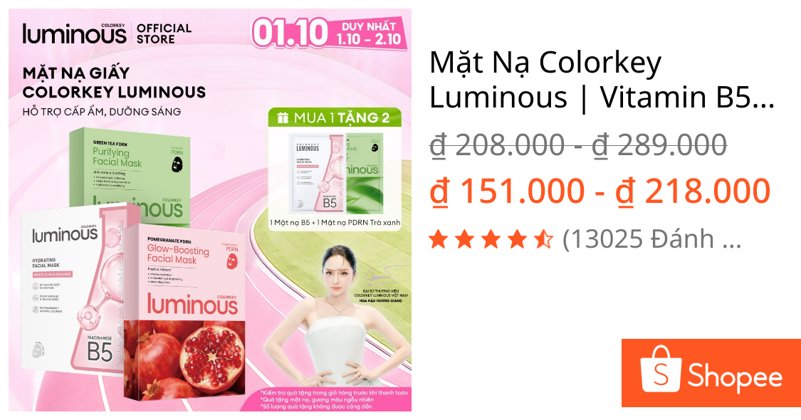 Mặt Nạ Colorkey Luminous | Vitamin B5/ Vitamin B3/ Trà xanh/ PDRN| Hỗ trợ dưỡng ẩm, sáng da, giảm dầu mụn| 10 miếng/Hộp