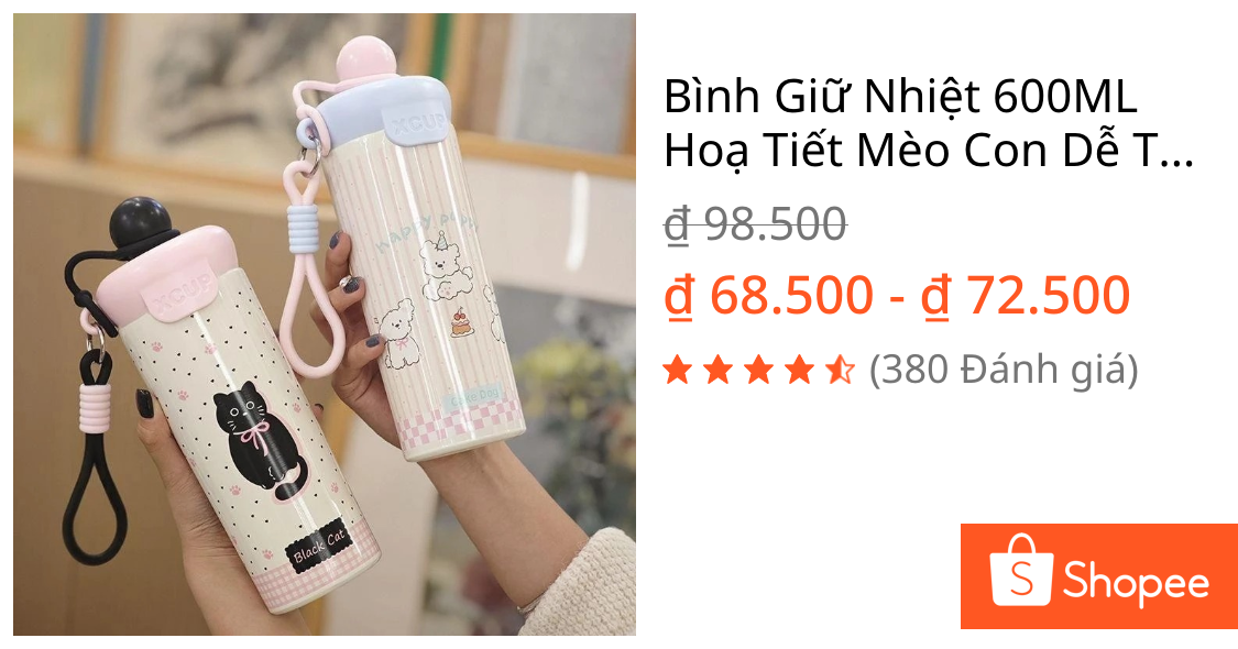 Bình Giữ Nhiệt 600ML Hoạ Tiết Mèo Con Dễ Thương Tặng Móc Khóa Trang Trí