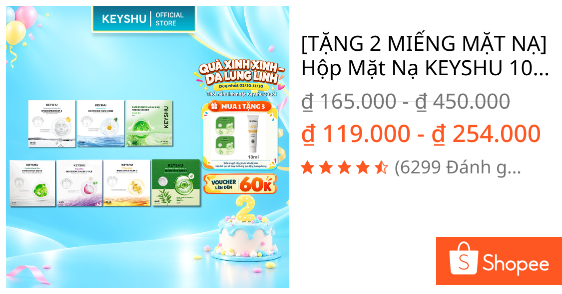 [TẶNG 2 MIẾNG MẶT NẠ]  Hộp Mặt Nạ KEYSHU 10 Miếng 30ML Dưỡng Ẩm, Làm Mềm Da, Hỗ Trợ Ngăn Ngừa Lão Hóa
