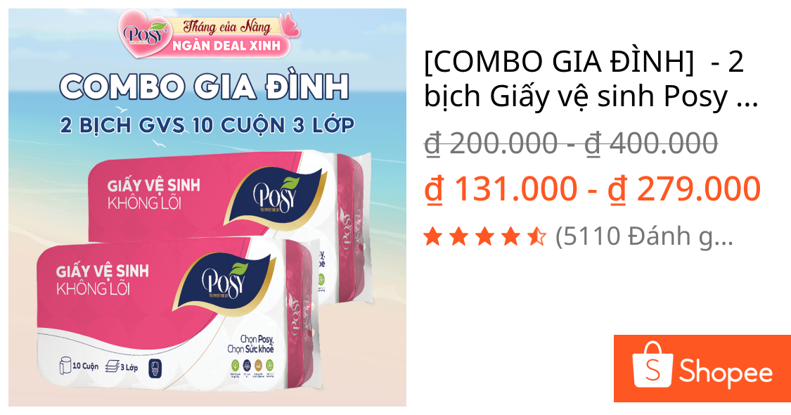 [COMBO GIA ĐÌNH]  - 2 bịch Giấy vệ sinh Posy 10 cuộn 3 lớp không lõi/có lõi mềm, DỄ TAN TRONG NƯỚC