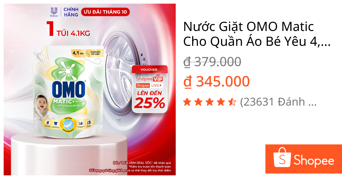 Nước Giặt OMO Matic Cho Quần Áo Bé Yêu 4,1kg/túi
