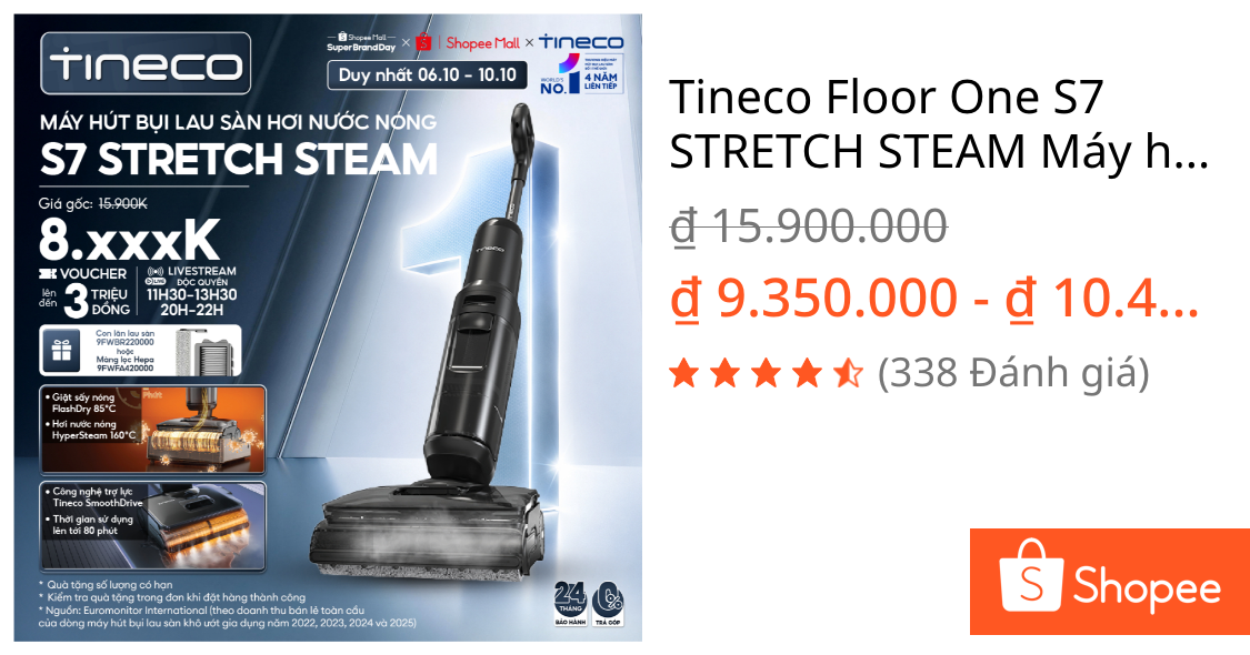 Tineco Floor One S7 STRETCH STEAM Máy hút bụi lau sàn hơi nước nóng HyperSteam 160°C - Lực hút 22000Pa - Giặt sấy 85°C