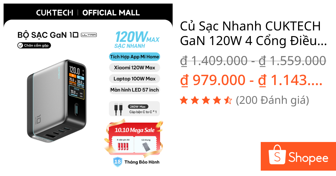 Củ Sạc Nhanh CUKTECH GaN 120W 4 Cổng Điều Khiển App Mi Home Cho Laptop/MacBook/iP 18/17/16 Pro Max/Xiaomi 17/Samsung S26