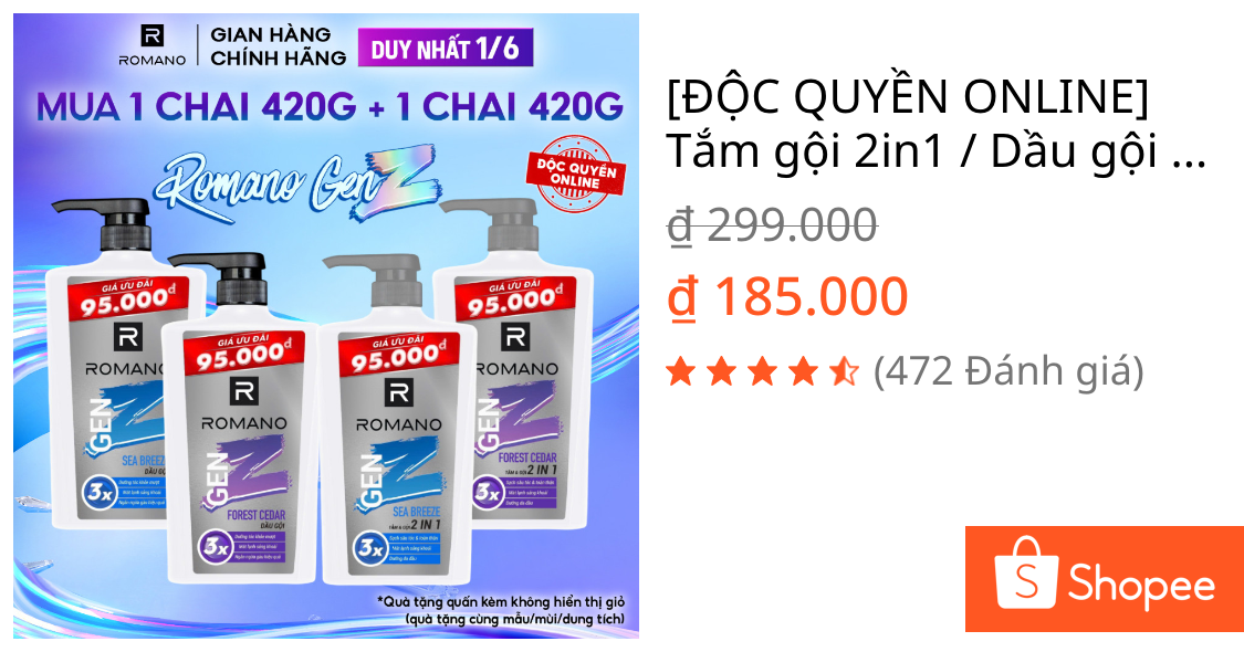 [ĐỘC QUYỀN ONLINE] Tắm gội 2in1 / Dầu gội cho nam Romano Gen Z (420g x 2) (Tặng mùi hương như hình)