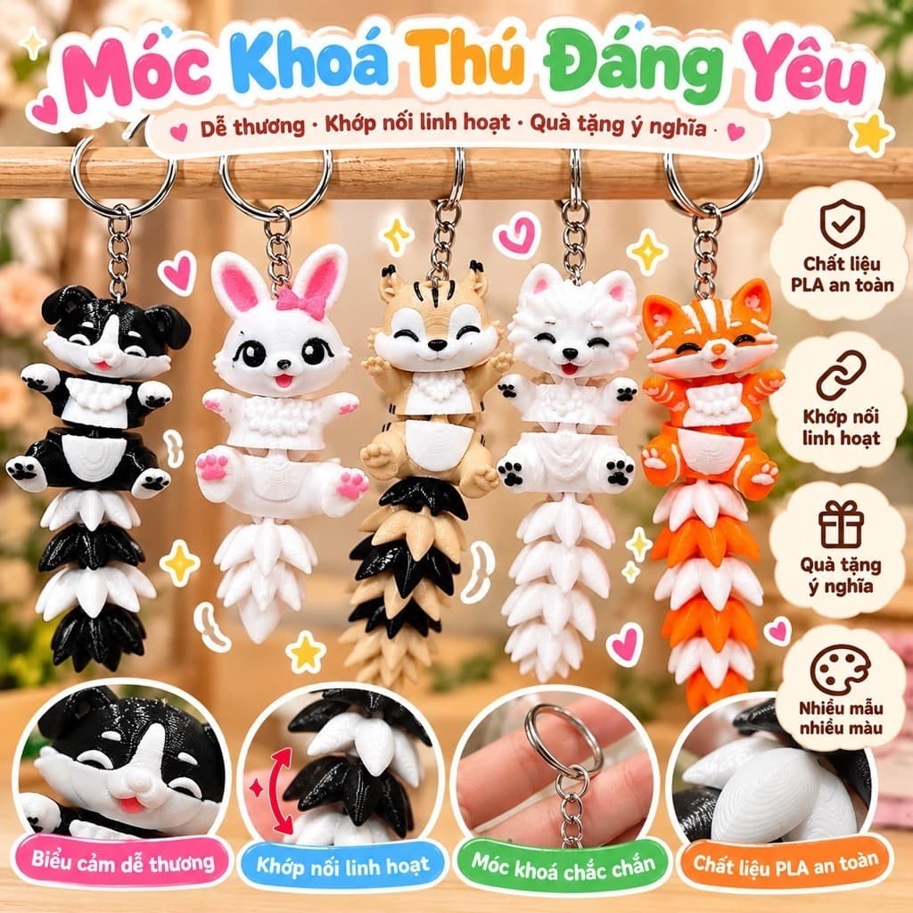 Móc Khóa Thú Đuôi Cáo, Mèo , Thỏ, Cún Con, Sóc Cute Khớp Linh Hoạt Treo Balo Chìa Khóa Quà Tặng Dễ Thương