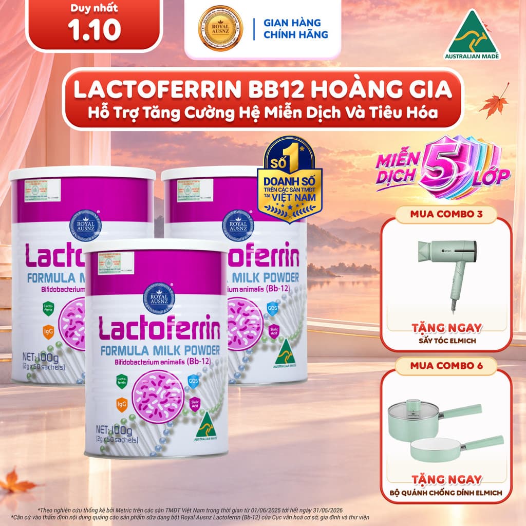 Combo 3 Hộp Lactoferrin Hoàng Gia ROYAL AUSNZ Lactoferrin Hồng BB12, Hỗ Trợ Tăng Đề Kháng, Miễn Dịch Cho Bé 100g
