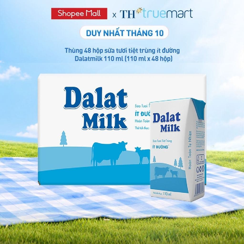 Thùng 48 hộp sữa tươi tiệt trùng Dalatmilk ít đường 110 ml (110 ml x 48)