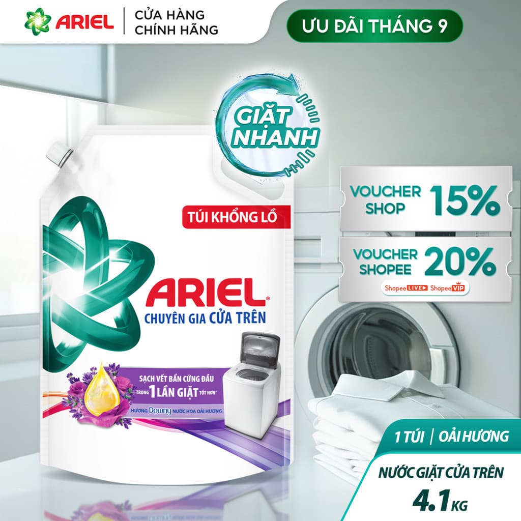 Nước Giặt ARIEL cửa trên Hương Downy Oải Hương 4.1KG / Nước giặt 10X giặt sạch túi 4.05KG