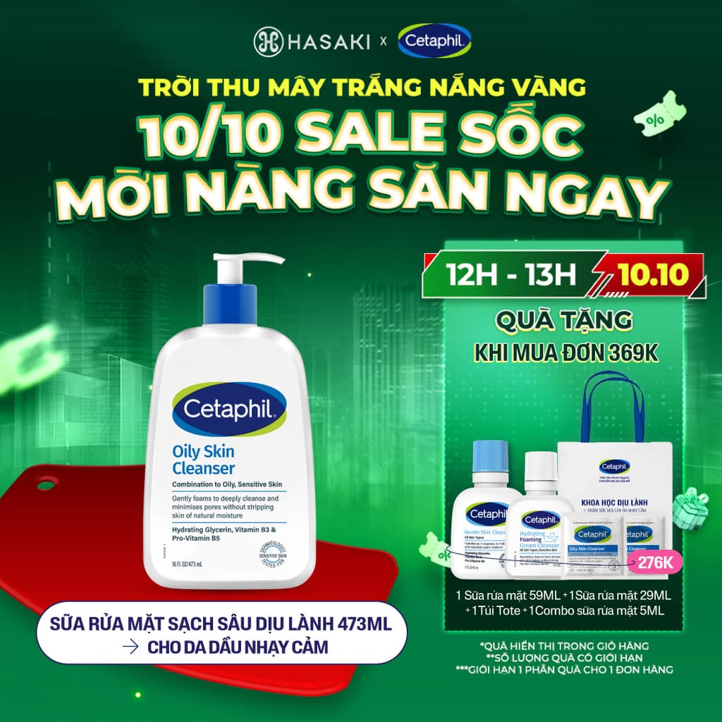 [MEGA 10.10|12H-13H] Sữa Rửa Mặt Cetaphil Dịu Lành Cho Da Dầu Nhạy Cảm Oily Skin Cleanser Hasaki Chính Hãng