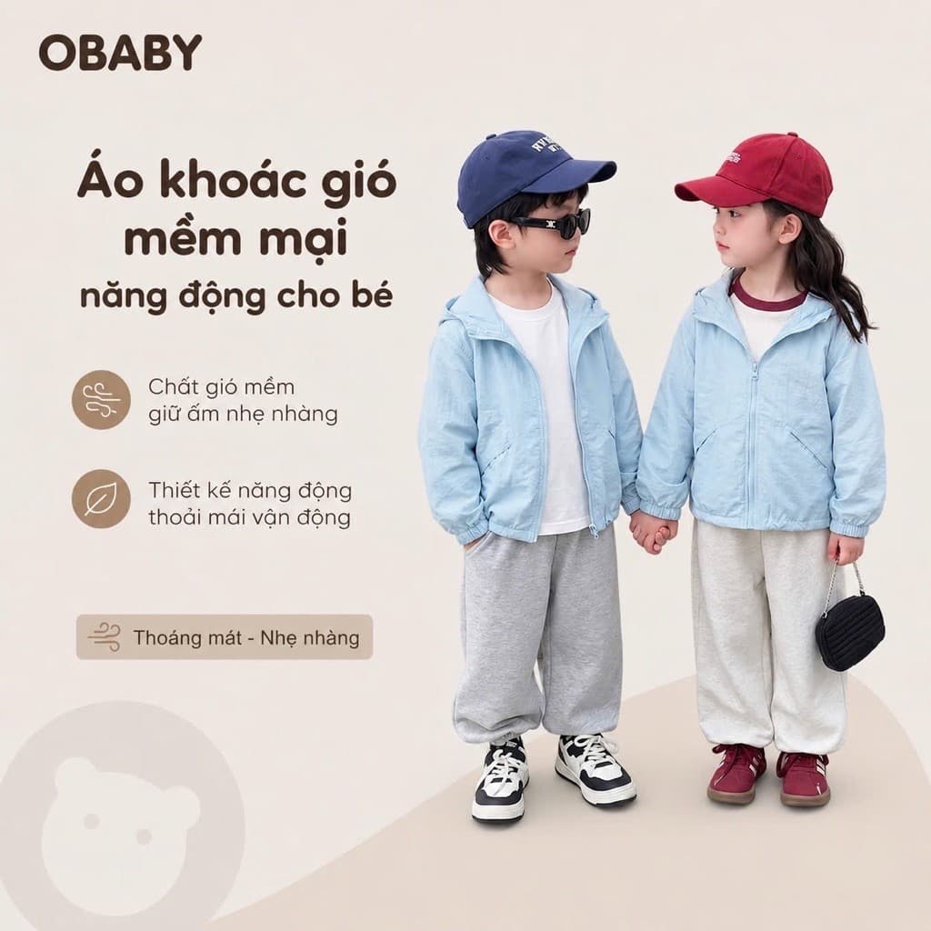 [MỞ BÁN ] Áo Khoác Gió Cho Bé Trai, Bé Gái 2 lớp OBABY - mềm mịn cản gió, kháng nước,chống tia UV (8-40kg) (M02)