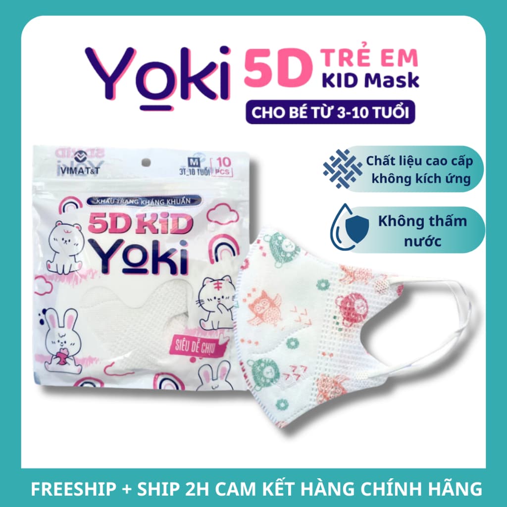 [Combo 50 Chiếc] Khẩu trang 5D YOKI KIDS dành cho trẻ 3 đến 10 tuổi 4 lớp kháng khuẩn dày đủ màu